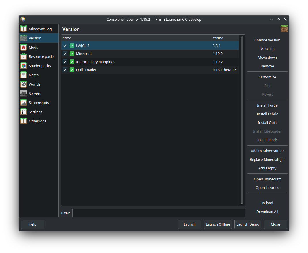 Prism Launcher instance Version page