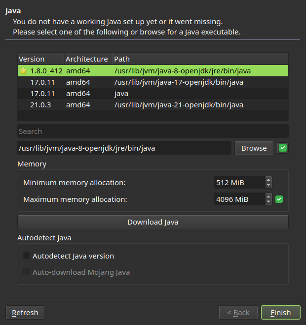 Prism Launcher Java setup wizard